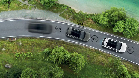 This feature helps you maintain a pre-determined distance from vehicles ahead by automatically adjusting the driving speed. It also works in stop and go situations.