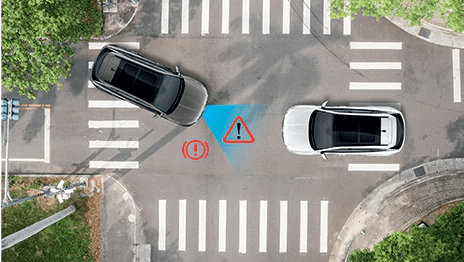 FCA-JT helps to avoid a collision with a vehicle in an adjacent lane, when turning right at a cross road (with turn signal on), by automatically applying brakes.