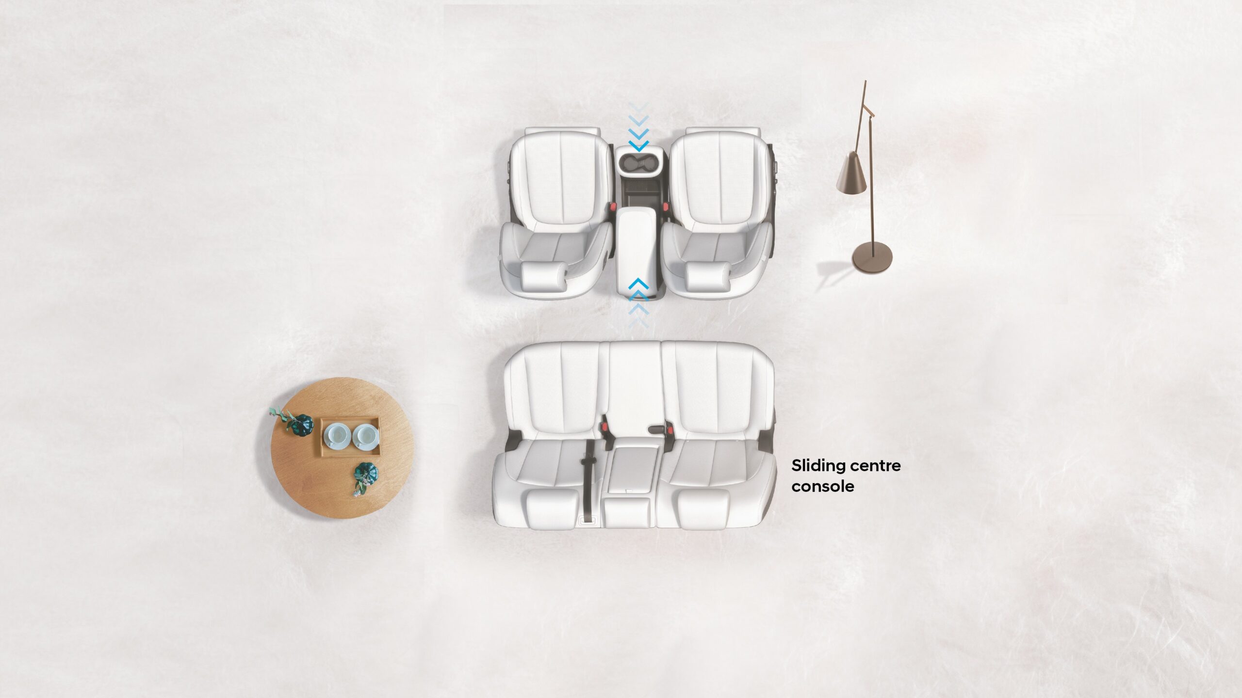 An innovative movable centre console that can be moved back by up to 140mm, allowing passengers in the second row to access it easily.